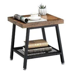 Modern Industrial Metal Wood Nightstand Side Table with Mesh Shelf