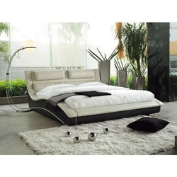 King size Modern Cream Black Faux Leather Upholstered Platform Bed with Headboard