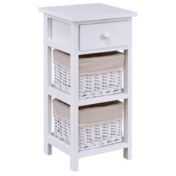 White Wood 1-Drawer End Table Nightstand with 2 Wicker Baskets