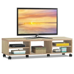 Rolling 60-inch TV Stand in Natural Wood Finish with 6-Wheels