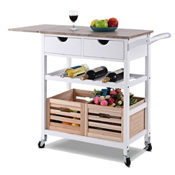 White Wood Kitchen Island Cart with Wine Rack and Wheels