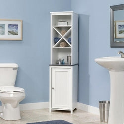 Bathroom Linen Tower with Open Shelving and Storage Cabinet in White