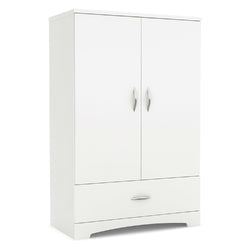 2-Door Armoire Wardrobe Cabinet with Bottom Storage Drawer in White Wood Finish