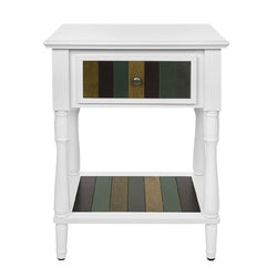 White Wood 1-Drawer Nightstand End Table with Brown Wood Slat Accents