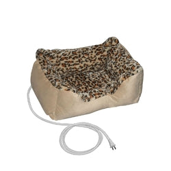 Heated Pet Bed for Small Dog or Cat with Leopard Print Padded Cushion