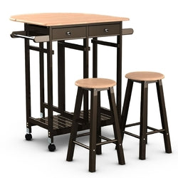 Mobile Kitchen Island Cart Breakfast Table with 2 Stools