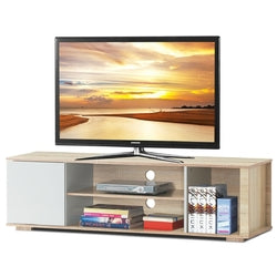 Modern Entertainment Center TV Stand in Oak Wood Finish with White Door