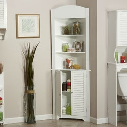 Freestanding Linen Tower, Tall Bathroom Storage Cabinet, 2 Open Shelves and Doors - White