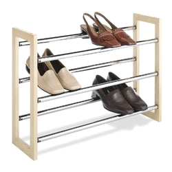 3-Tier Stackable & Expandable Shoe Rack in Wood & Chrome Metal